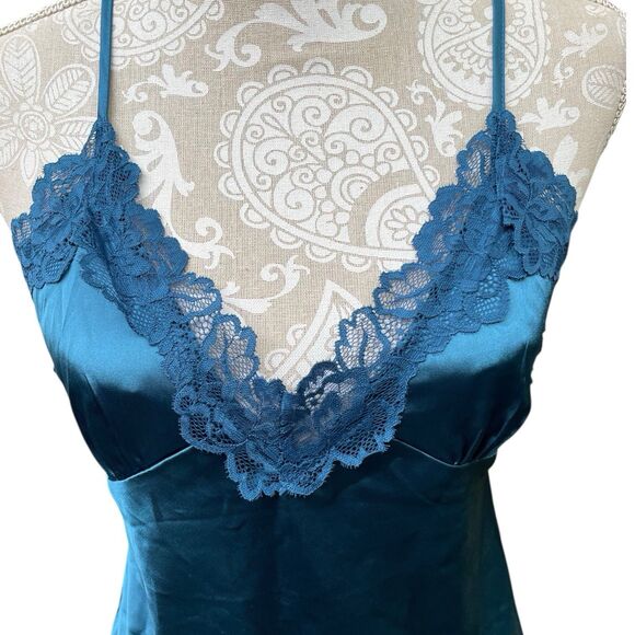 Teal Blue Satin Lace Slip Dress Chemise M Y2K Lingerie Aesthetic Crisscross - Picture 3 of 13